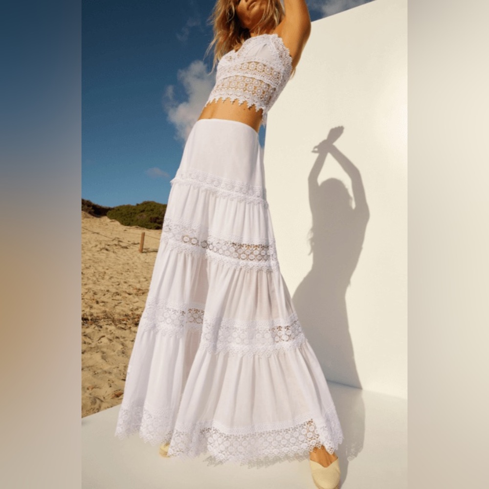 NWT $495 CHARO RUIZ Ruth Crocheted Lace-trimmed Voile Maxi Skirt
